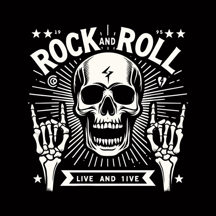 Vector skeleton silhouette with rock and roll word tshirt design typography