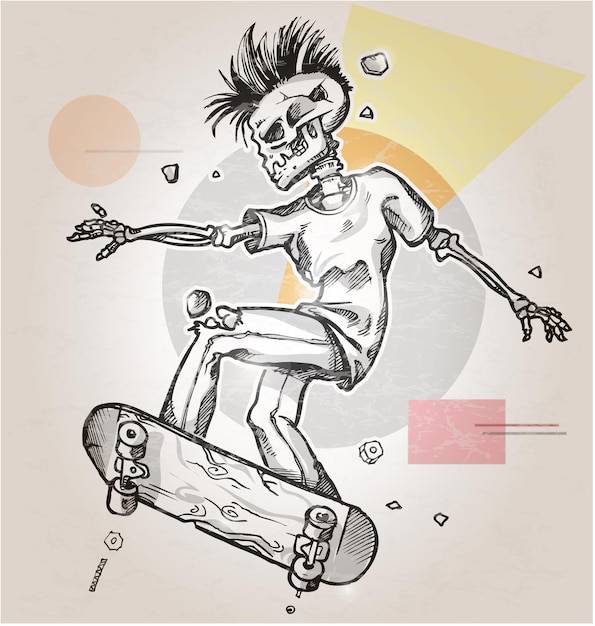 Skeleton skater on abstract retro background