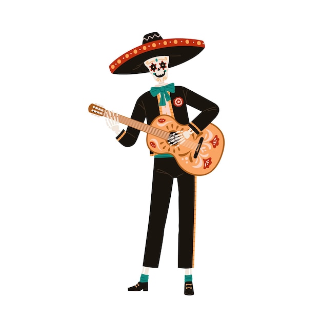 Skeleton in sombrero playing guitar for El Dia de los Muertos, Mexican Day of Dead. Mexico Mariachi character in hat at folk Death holiday. Flat vector illustration isolated on white background