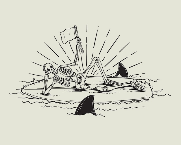 Vector skeleton on a surfboard vector illustration in sketch style