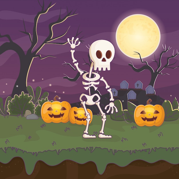 Premium Vector Skeleton walking pumpkins lanterns halloween