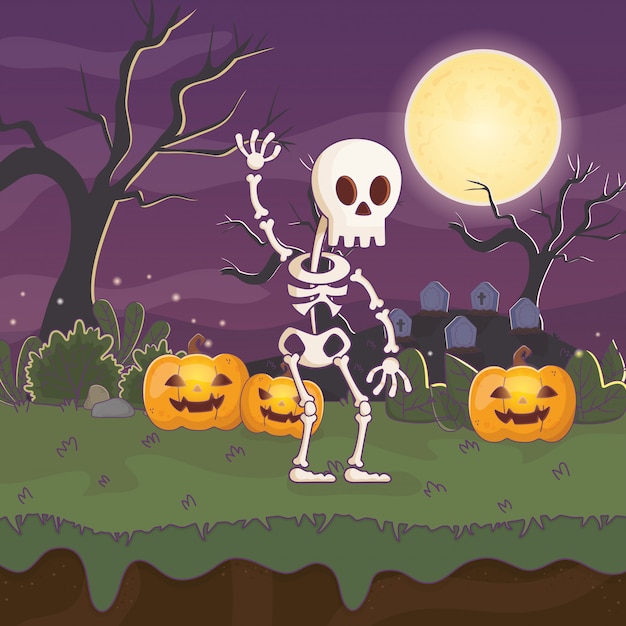 Skeleton walking pumpkins lanterns halloween