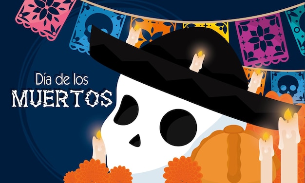 Skeleton with candles and traditional hat Dia de los muertos Vector illustration