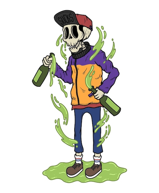 Skeleton with liquor doodle hand drawn illustration vector design