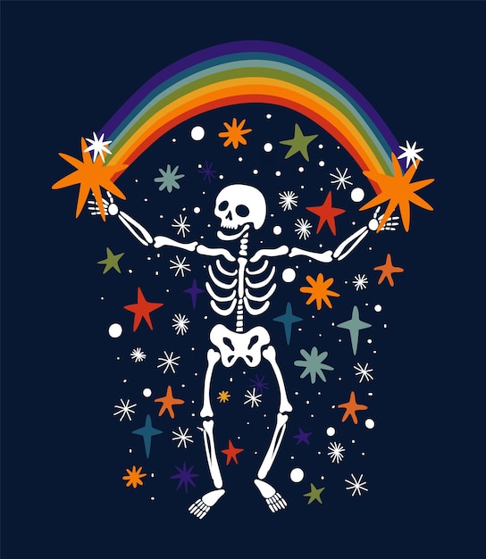 Skeleton with rainbow in colorful stars Vector illustration isolated on dark blue background