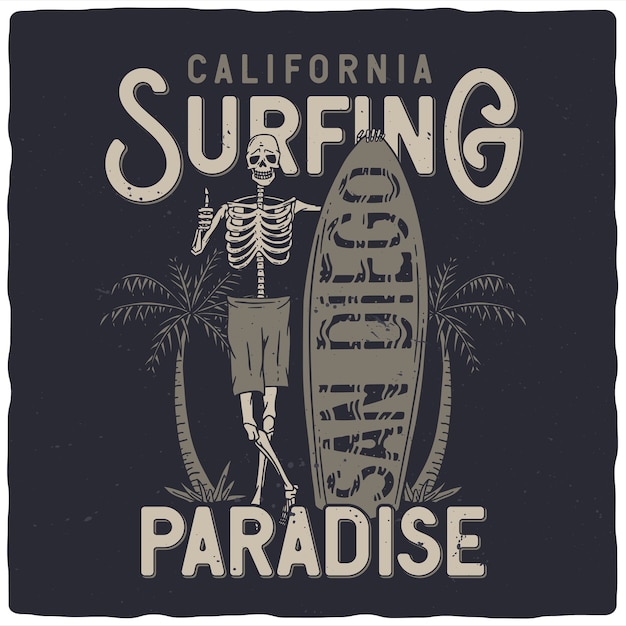 Skeleton with surfing board