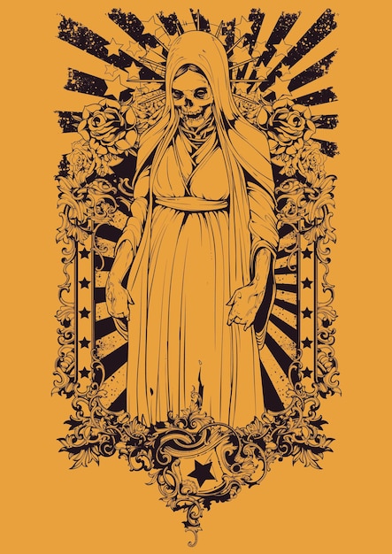 Skeleton woman wearing a cloak on a flourish background