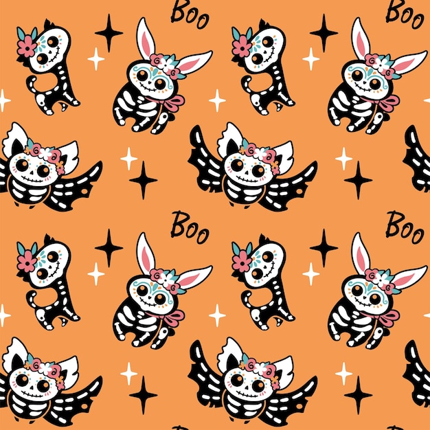 Skeletons of cute animals on orange background. Day of the dead or  Halloween. Kids print.