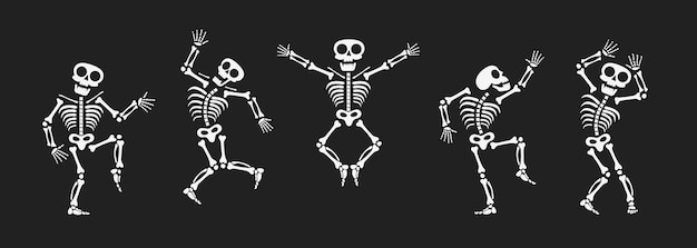 Vector skeletons dancing with different positions flat style design vector illustration set. funny dancing halloween or day of the dead skeletons collection. creepy, scary human bones characters silhouettes.