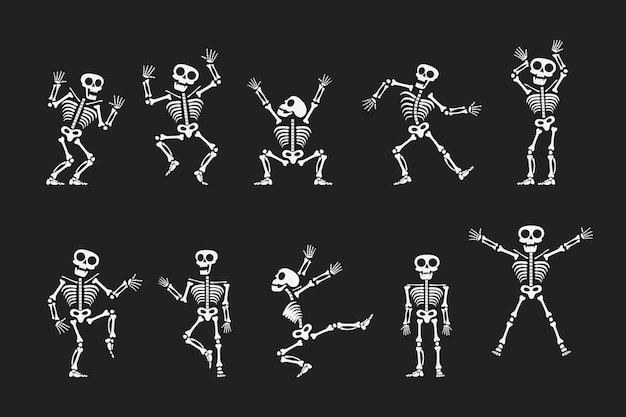 Skeletons dancing with different positions flat style design vector illustration set