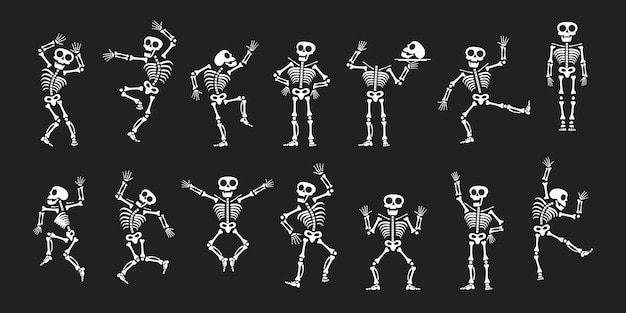 Vettore skeletti che danzano con posizioni diverse set di illustrazioni vettoriali di stile piatto