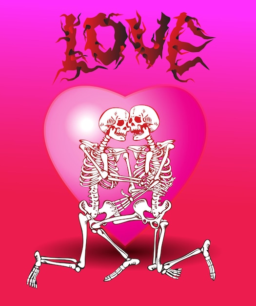 Vector skeletons of lovers on the background of the heart and the inscription love in the style of pop art