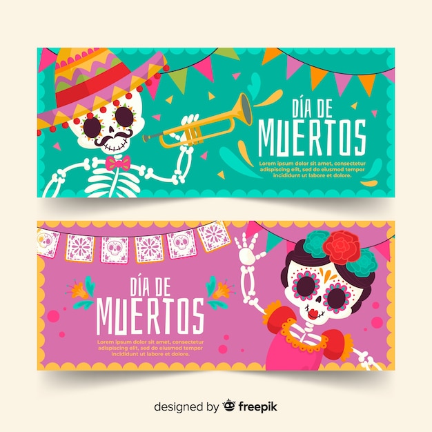 Skeletten van meisjes en jongens día de muertos banners