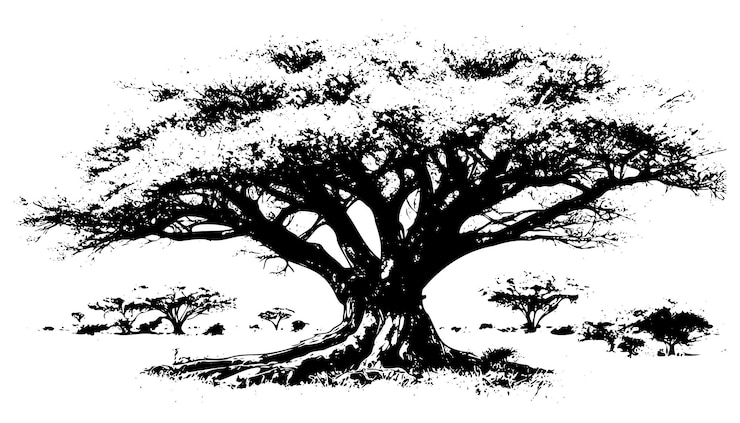 Vector sketch of african savanna landscape with trees black outline on a white background hand drawn