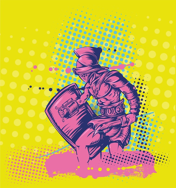 Sketch of ancient roman gladiator soldier pop art style on yellow background