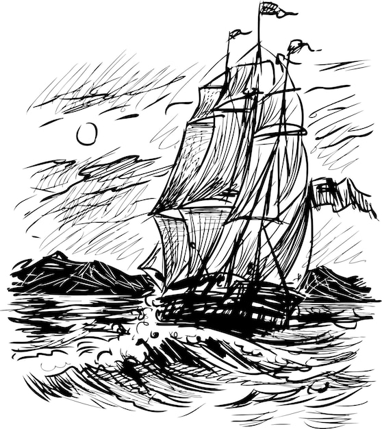 Schizzo dell'antica nave a vela nel mare in tempesta