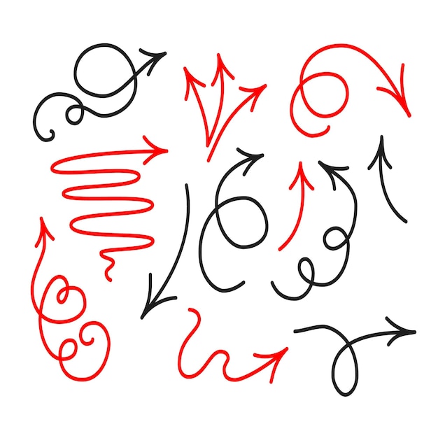 Collezione di icone della freccia di schizzo nello stile del fumetto di scarabocchio. illustrazione di clipart vettoriali disegnati a mano.
