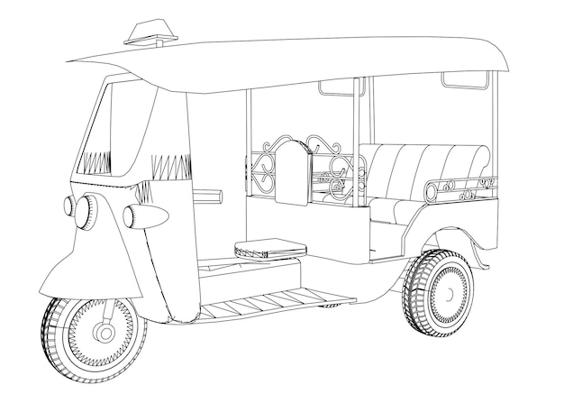 Vector a sketch of an auto rickshaw with a black outline.