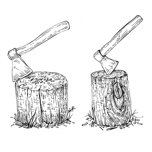 Vector sketch ax stuck in a wooden stump. hand drawn large old ax .wood texture. sketch hike and camping hand drawn illustration.