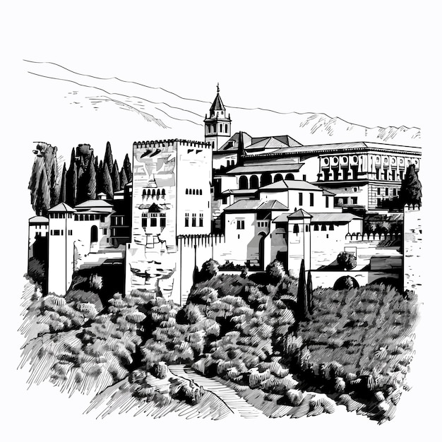 sketch_balck_and_white_The_Alhambra_vector