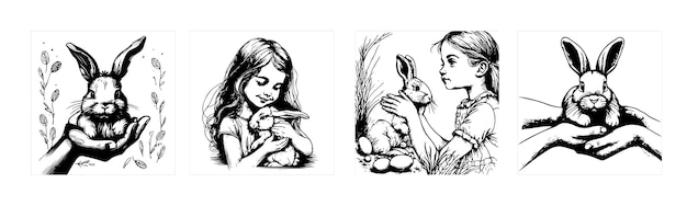 Sketch banner hand drawn little rabbit in arms girl concept easter and good treatment of animals