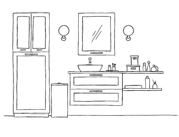 Sketch the bathroom. bathroom furniture and washbasin.