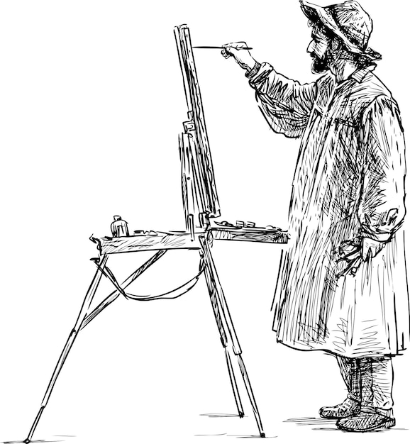 Vector sketch of bearded artist in hat paintingat easel