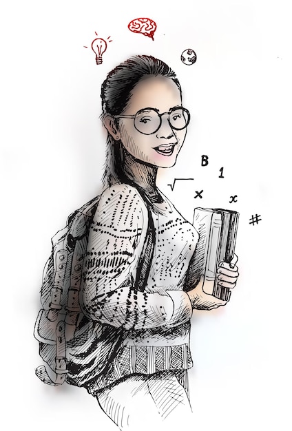 Sketch of Beautiful College Student Holding book on Isolated white Background
