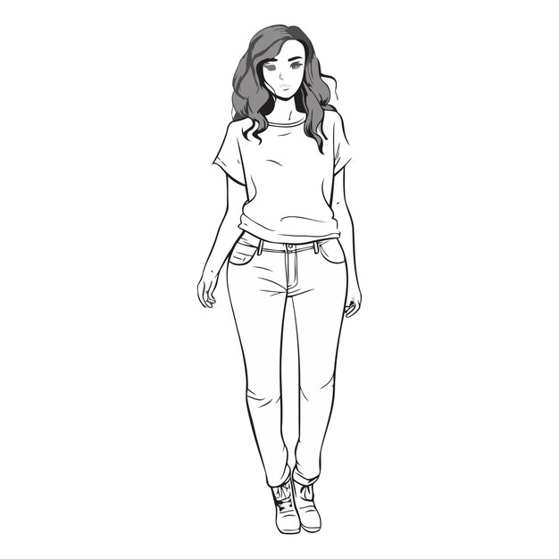 Vector sketch of a beautiful girl in casual clothes