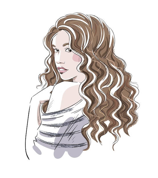 Vector sketch of a beautiful girl with curly hair. fashion illustration , vector eps 10.