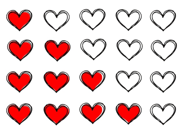 Vector sketch in black stroke with some hearts painted in red