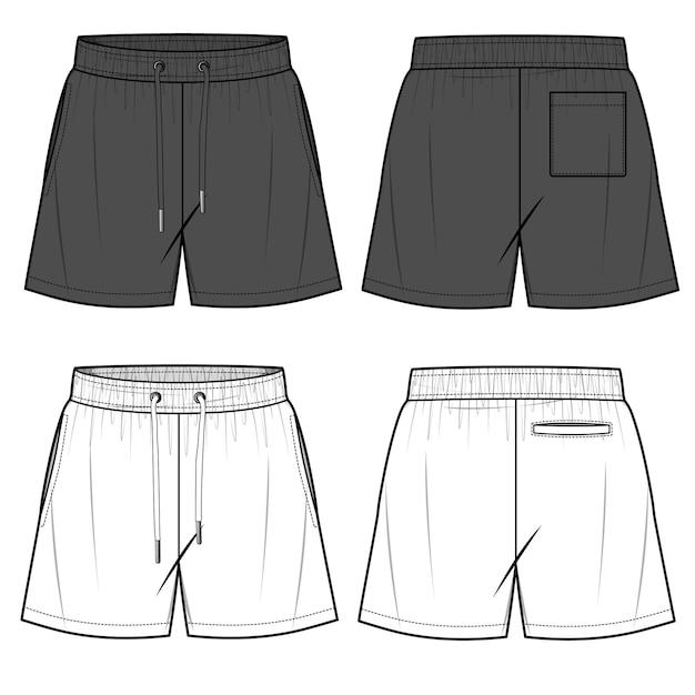 A sketch of a black and white shorts with the bottom left corner showing the bottom right corner.