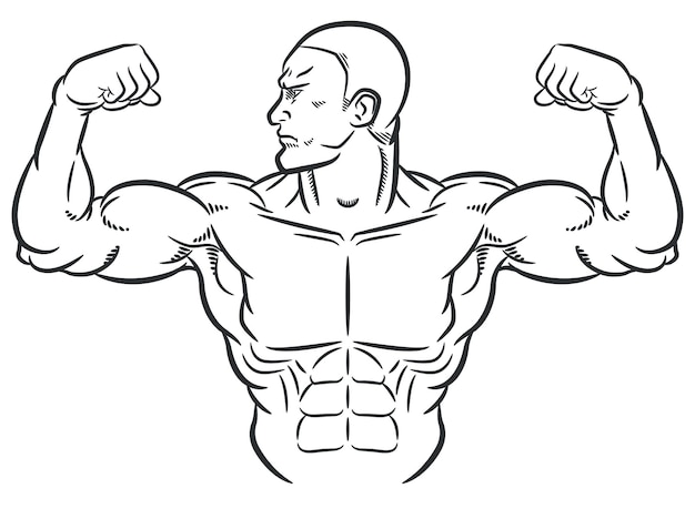 Vector sketch bodybuilder flexing bulky arm muscles