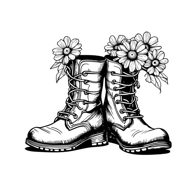 Sketch boots with Flowers isolated on white background Sketch hand drawn vector closeup illustration for design Isolated vector print illustration