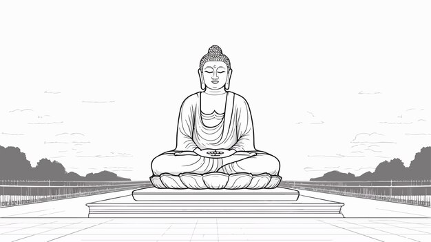 Vector a sketch of a buddha statue with a mountain in the background