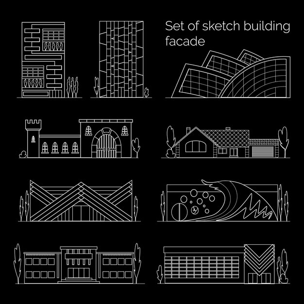 Sketch Building Facade White Line Style On Black Vector City Contour Isolated Symbols Store And Shop Home And Office Outline Town Icons Of Commercial Architecture Old And Modern Buildings