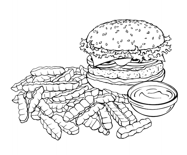 Sketch of burger and french fries.