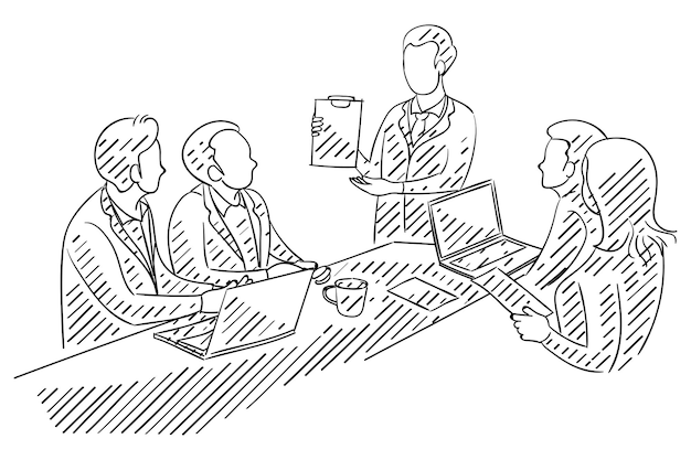 Vector sketch of business meeting worker presenting new ideas vector illustration design