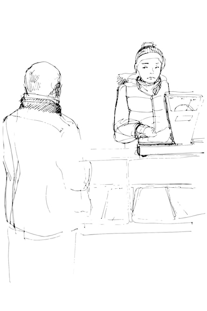 Vector sketch of the buyer and seller in the market near the balance
