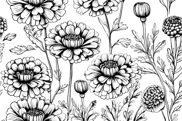 Vector sketch calendula pattern isolated medical flower and leaves marigold vector illustration