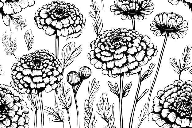 Sketch calendula pattern isolated medical flower and leaves marigold vector illustration