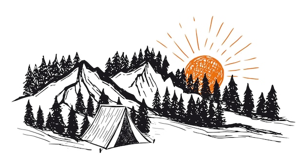 Sketch Camping in nature set Mountain landscape