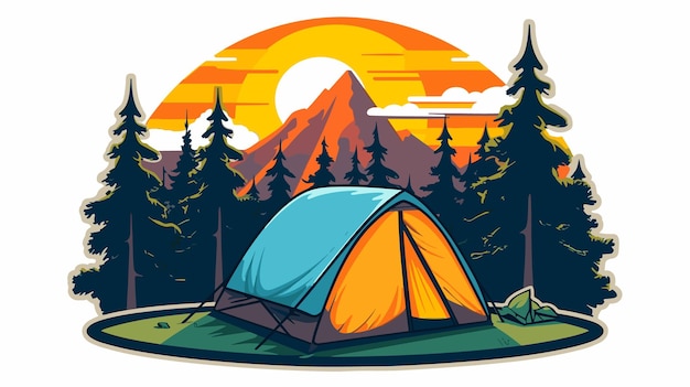 Sketch of camping tent on mountains background flat style vector