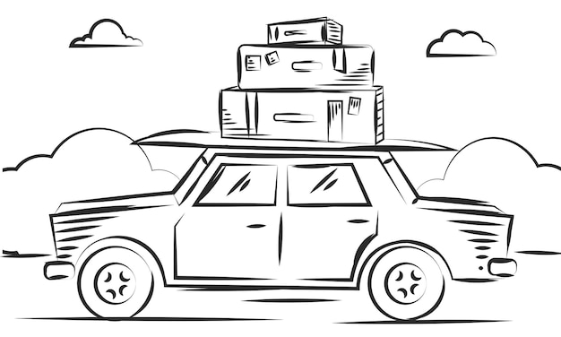 Sketch of a car with a pile of travel bags Vector illustration