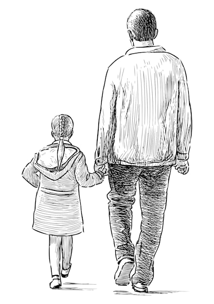 屋外で一緒に歩いている子供とカジュアルな市民のスケッチ