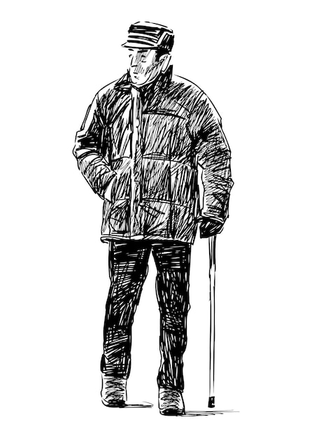 Vector sketch of casual old man with cane going for walk alone hand drawing isolated on white