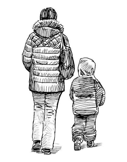 Sketch of casual townsman with little child walking together outdoors