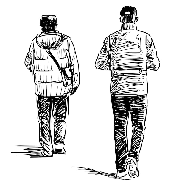 Vector sketch of casual townsmen walking along street