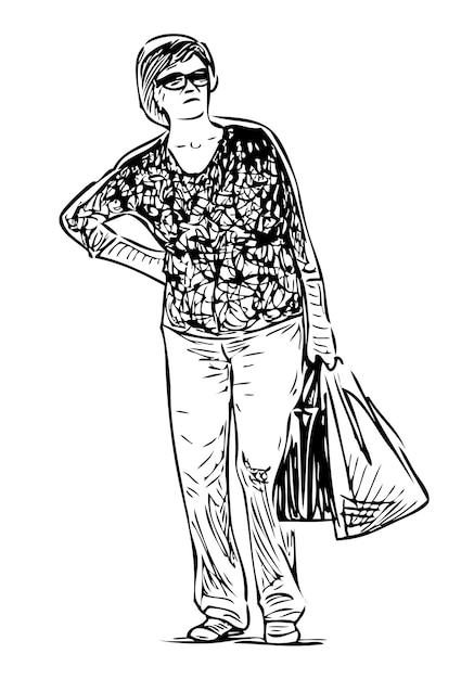 Vector sketch of a casual townswoman standing with bags on the street