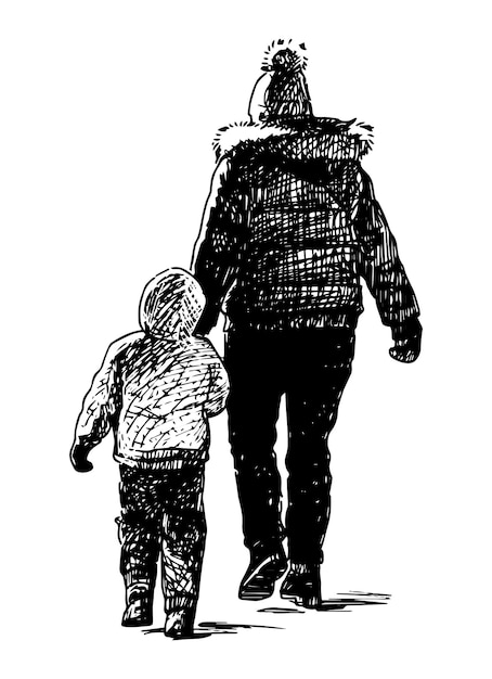 Vector sketch of casual townswoman with child walking outdoors